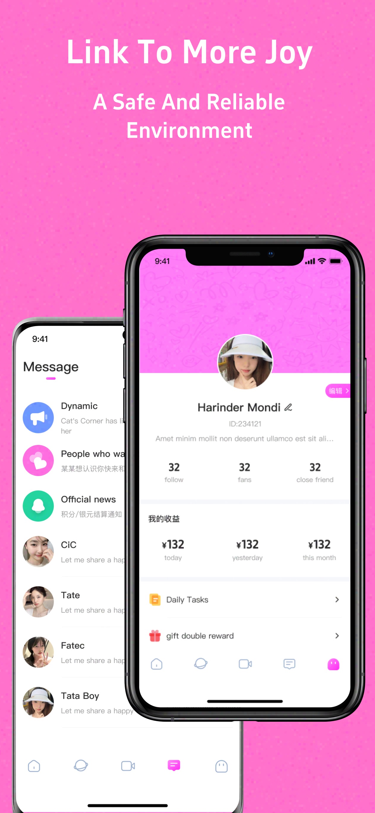 MokoLive app profile and message screenshot